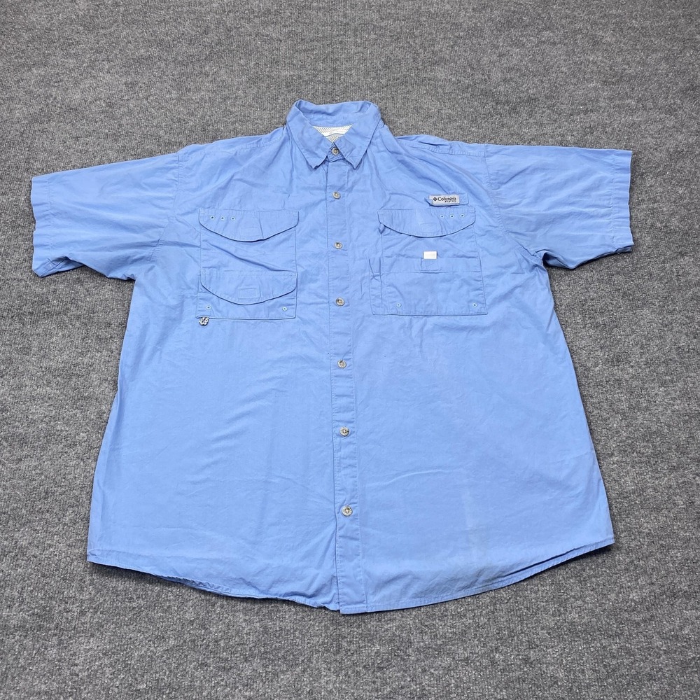 Columbia Shirt Mens Large Blue Short Sleeve Button PFG Mesh Lined Pockets